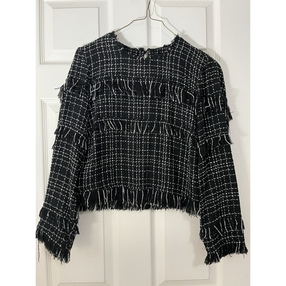 Zara Women's L Black White Tweed Long Sleeve Pullover Blouse Fringe Crop Work - Picture 2 of 7